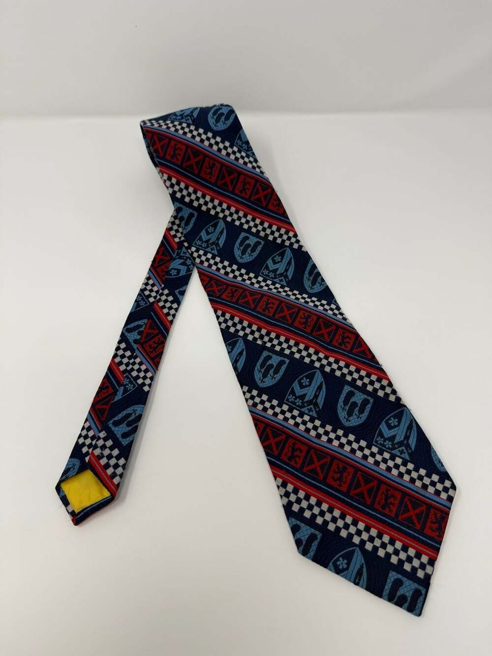 Vintage Heraldic Shield and Checkered Pattern Silk Necktie Scottish Nordic